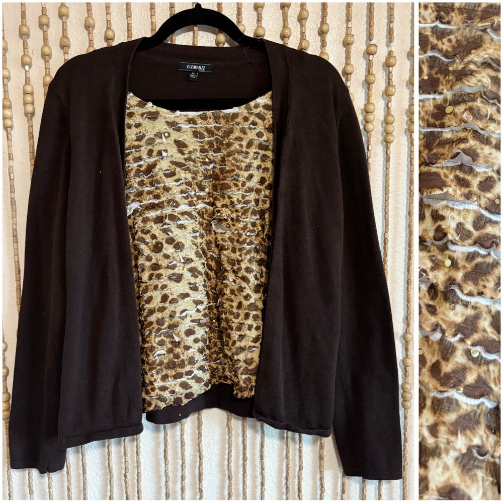 Elementz Y2K 2000s Cheetah Animal Print Brown Sequin Long Sleeve Sweater Top PL